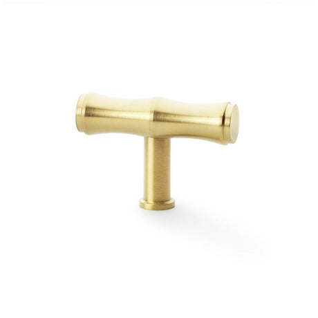 This is an image showing Alexander & Wilks Crispin Bamboo T-bar Cupboard Knob - Satin Brass PVD aw801b-55-sbpvd available to order from Trade Door Handles in Kendal, quick delivery and discounted prices.