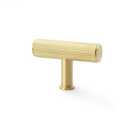 This is an image showing Alexander & Wilks Crispin Reeded T-bar Cupboard Knob - Satin Brass PVD aw801r-55-sbpvd available to order from Trade Door Handles in Kendal, quick delivery and discounted prices.