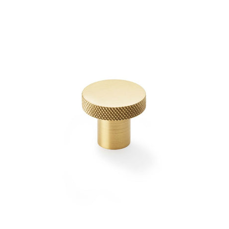 This is an image showing Alexander & Wilks Hanover Knurled Circular Cupboard Knob - Satin Brass - 30mm aw802-30-sb available to order from Trade Door Handles in Kendal, quick delivery and discounted prices.