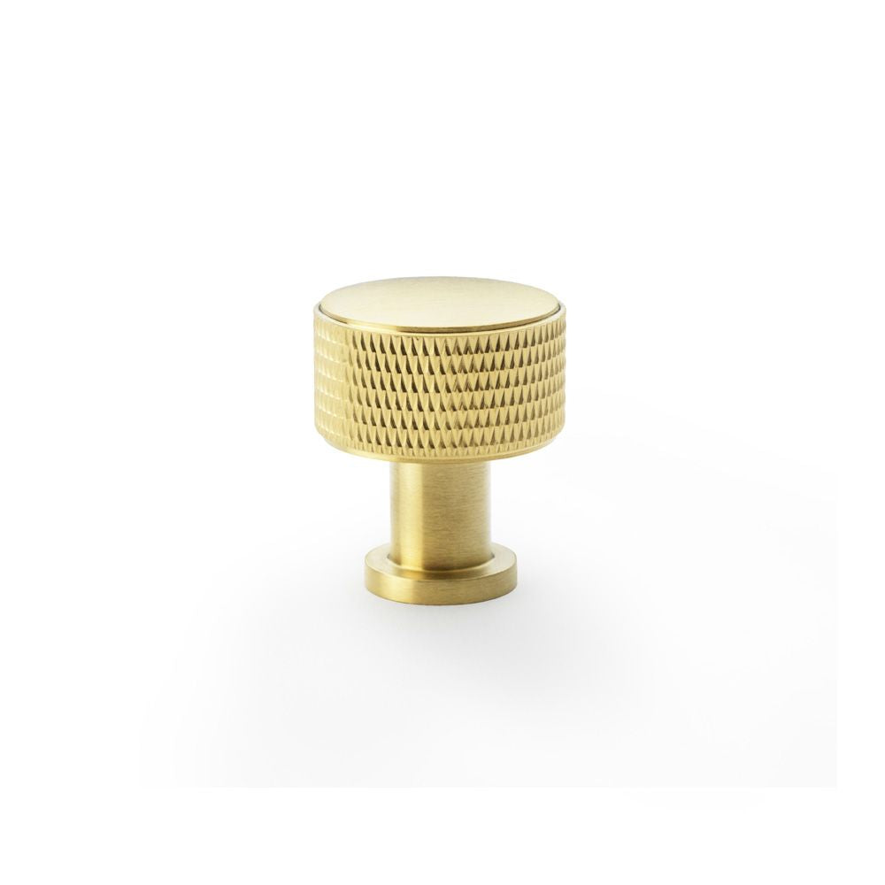 This is an image showing Alexander & Wilks Lucia Knurled Cupboard Knob - Satin Brass PVD - 29mm aw807k-29-sbpvd available to order from Trade Door Handles in Kendal, quick delivery and discounted prices.