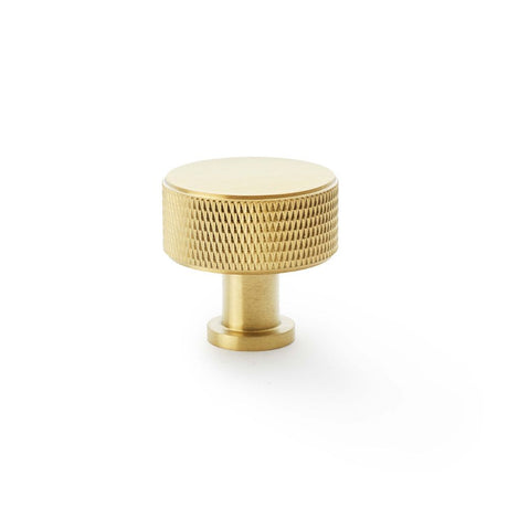 This is an image showing Alexander & Wilks Lucia Knurled Cupboard Knob - Satin Brass PVD - 35mm aw807k-35-sbpvd available to order from Trade Door Handles in Kendal, quick delivery and discounted prices.