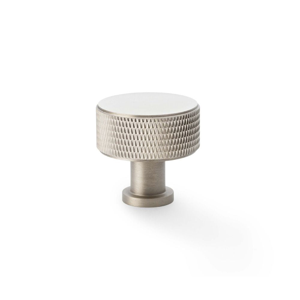 This is an image showing Alexander & Wilks Lucia Knurled Cupboard Knob - Satin Nickel - 35mm aw807k-35-sn available to order from Trade Door Handles in Kendal, quick delivery and discounted prices.