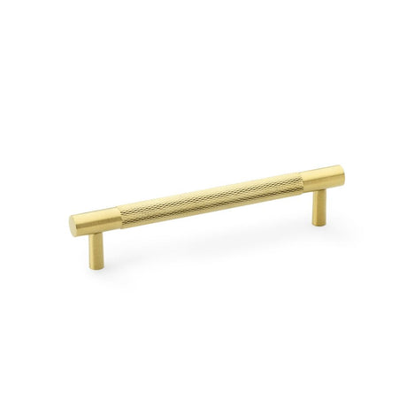 This is an image showing Alexander & Wilks Brunel Knurled T-Bar Cupboard Handle - Satin Brass PVD - Centres 128mm aw810-128-sbpvd available to order from Trade Door Handles in Kendal, quick delivery and discounted prices.