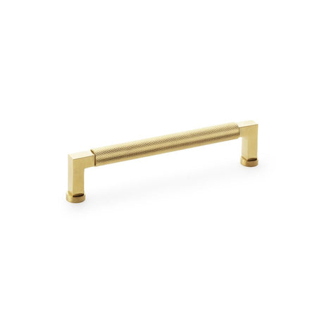 This is an image showing Alexander & Wilks Camille Knurled Cabinet Pull Handle - Satin Brass PVD aw819-160-sbpvd available to order from Trade Door Handles in Kendal, quick delivery and discounted prices.