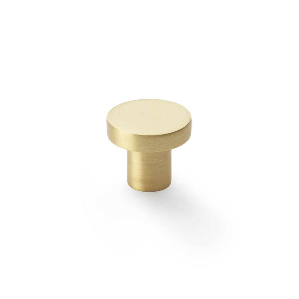 This is an image showing Alexander & Wilks Hanover Plain Cupboard Knob - Satin Brass - Knob 30mm aw821-30-sb available to order from Trade Door Handles in Kendal, quick delivery and discounted prices.