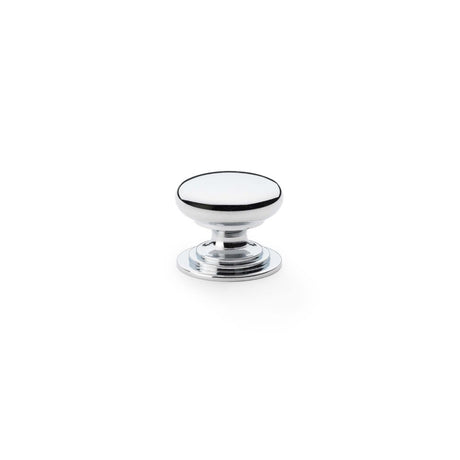 This is an image showing Alexander & Wilks Waltz Round Cupboard Knob on Stepped Rose - Polished Chrome - 25mm aw825-25-pc available to order from Trade Door Handles in Kendal, quick delivery and discounted prices.