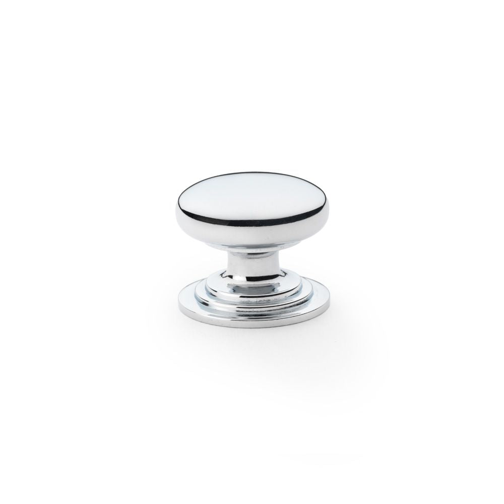 This is an image showing Alexander & Wilks Waltz Round Cupboard Knob on Stepped Rose - Polished Chrome - 32mm aw825-32-pc available to order from Trade Door Handles in Kendal, quick delivery and discounted prices.