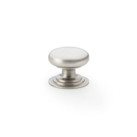 This is an image showing Alexander & Wilks Waltz Round Cupboard Knob on Stepped Rose - Satin Nickel - 32mm aw825-32-sn available to order from Trade Door Handles in Kendal, quick delivery and discounted prices.