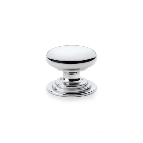 This is an image showing Alexander & Wilks Waltz Round Cupboard Knob on Stepped Rose - Polished Chrome - 38mm aw825-38-pc available to order from Trade Door Handles in Kendal, quick delivery and discounted prices.