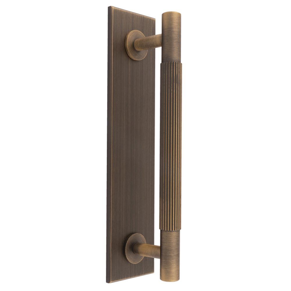 This is an image of a Carlisle Brass - Lines Pull Handles on backplate that is availble to order from Trade Door Handles in Kendal.