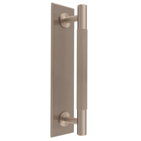 This is an image of a Carlisle Brass - Lines Pull Handles on backplate that is availble to order from Trade Door Handles in Kendal.