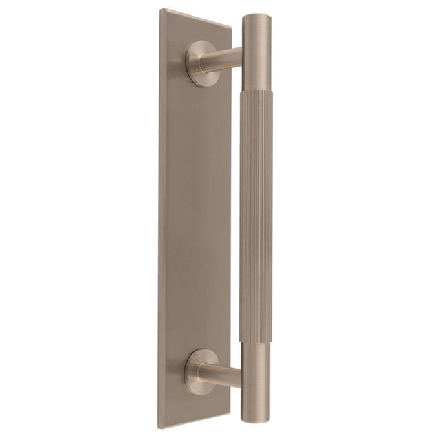 This is an image of a Carlisle Brass - Lines Pull Handles on backplate that is availble to order from Trade Door Handles in Kendal.