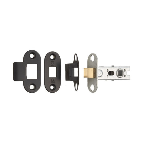 This is an image of a Eurospec - 64mm Ce B/T Tubular Mortice Latch Radius - Matt Black that is availble to order from Trade Door Handles in Kendal.