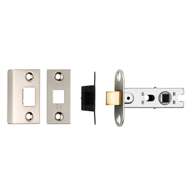 This is an image of a Eurospec - 64Mm Ce B/T Tubular Mortice Latch Square - Satin Nickel that is availble to order from Trade Door Handles in Kendal.