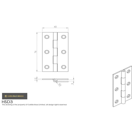 Carlisle Brass Hinges Satin Brass / Solid Drawn Hinges / 3" (76mm) Carlisle Brass - 76 x 40mm Solid Drawn Brass Butt Hinge - Satin Brass