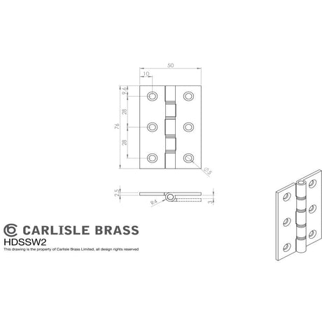 Carlisle Brass Hinges Satin Chrome / Washered Hinges / 3" (76mm) Carlisle Brass - 76 x 50mm Dbl S/Steel Washer Brass Hinge - Satin Chrome