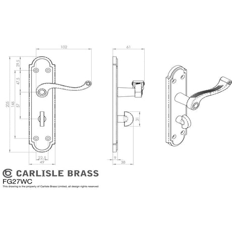 Carlisle Brass Door Furniture Polished Brass / Bathroom Lock Handles Carlisle Brass - Georgian Lever on Shaped WC Backplate - Polished Brass