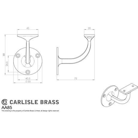 Carlisle Brass Accessories Polished Brass / 3" / 76mm Carlisle Brass - Lightweight Handrail Bracket - Polished Brass
