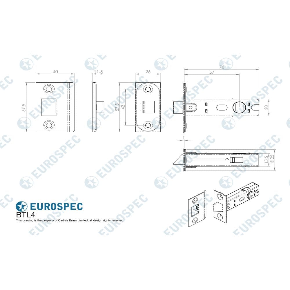 Carlisle Brass Locks & Latches Nickel Plated / Tubular Mortice Latch / 3" Carlisle Brass - Square Tubular Latch Bolt Through 76mm - Nickel Plate