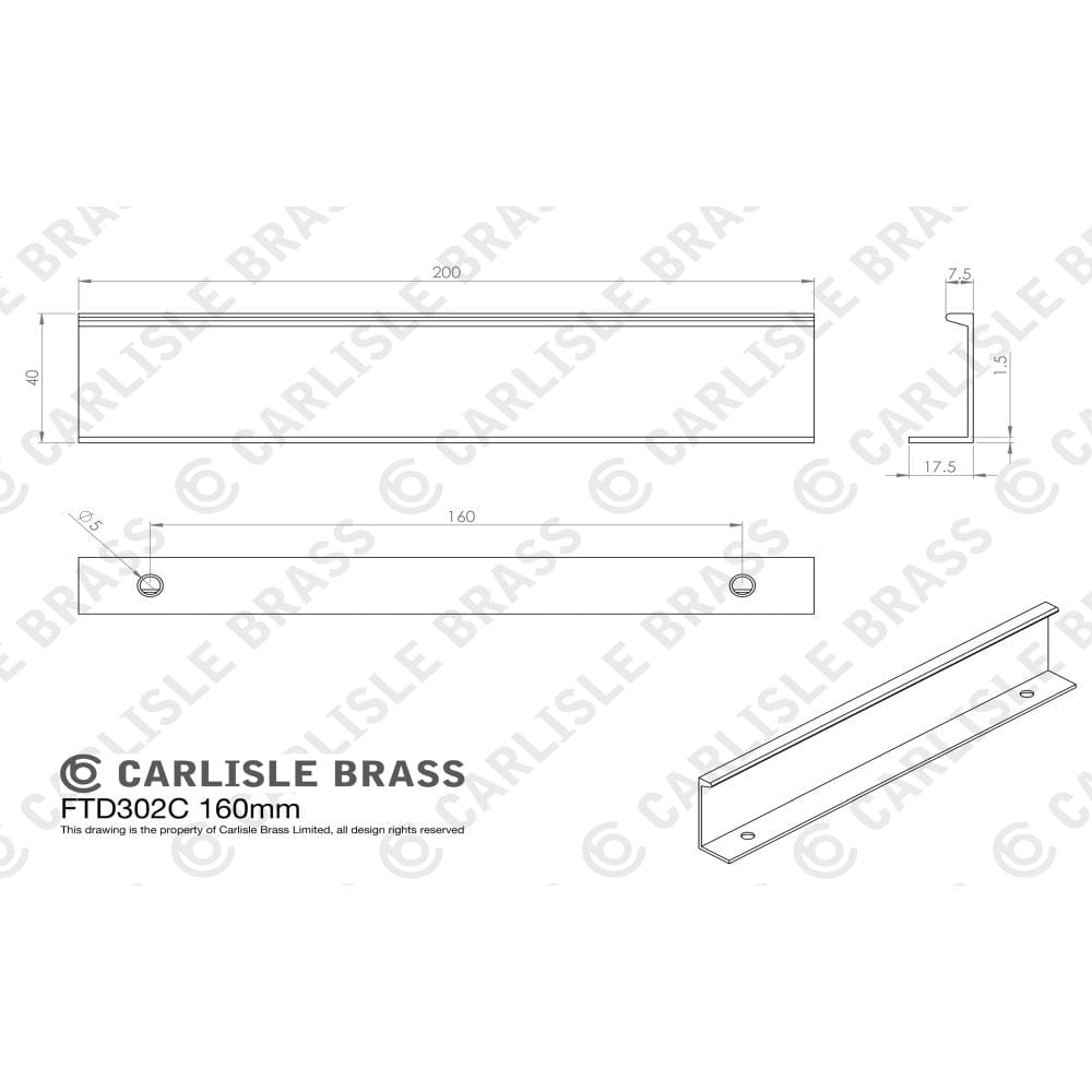 Carlisle Brass Cabinet Hardware Polished Chrome / Edge Pull / 200mm Carlisle Brass - Squared Edge Pull 200mm - Polished Chrome