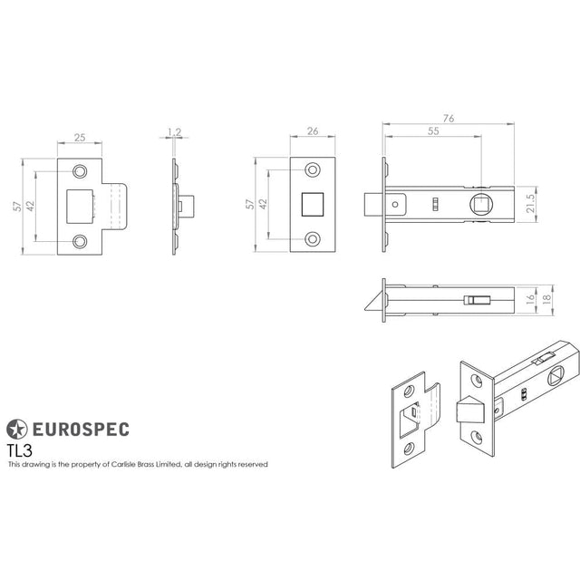 Carlisle Brass Locks & Latches Powder Coat Black / Tubular Mortice Latch / 3" Carlisle Brass - Tubular Latch 76mm - Powder Coat Black