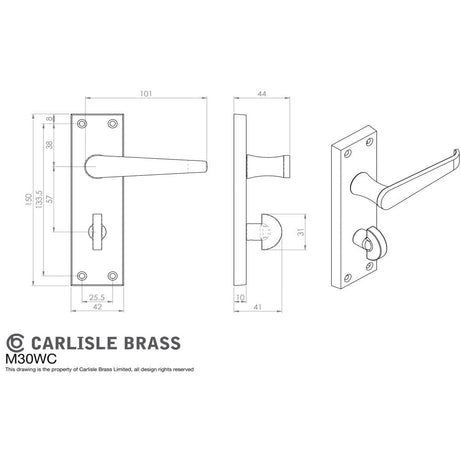 Carlisle Brass Door Furniture Polished Brass / Bathroom Lock Handles Carlisle Brass - Victorian Lever on WC Bathroom Backplate - Polished Brass