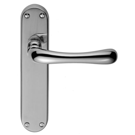 This is an image of a Carlisle Brass - Ibra Lever On Backplate - Latch - Polished Chrome that is availble to order from Trade Door Handles in Kendal.