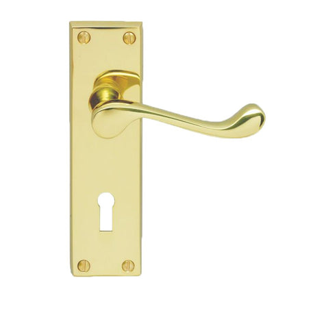 This is an image of a Carlisle Brass - Contract Victorian Scroll Lever on Lock Backplate - Polished Br that is availble to order from Trade Door Handles in Kendal.