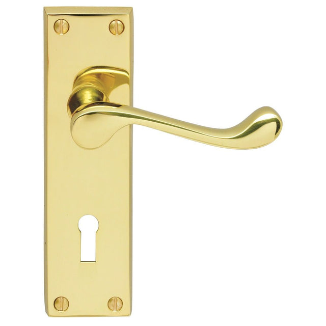 This is an image of a Carlisle Brass - Victorian Scroll Lever on Lock Backplate - Polished Brass that is availble to order from Trade Door Handles in Kendal.