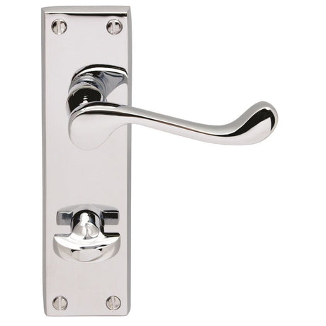 This is an image of a Carlisle Brass - Victorian Scroll Lever on WC Backplate - Polished Chrome that is availble to order from Trade Door Handles in Kendal.