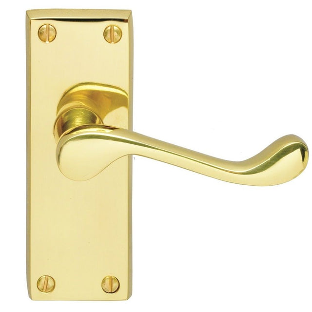 This is an image of a Carlisle Brass - Contract Victorian Scroll Lever on Latch Backplate - Polished B that is availble to order from Trade Door Handles in Kendal.