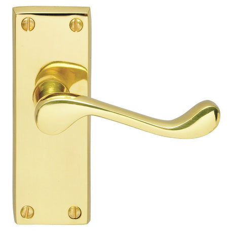 This is an image of a Carlisle Brass - Victorian Scroll Lever on Short Latch Backplate - Polished Bras that is availble to order from Trade Door Handles in Kendal.