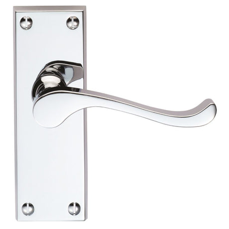 This is an image of a Carlisle Brass - Victorian Scroll Lever on Short Latch Backplate - Polished Chro that is availble to order from Trade Door Handles in Kendal.