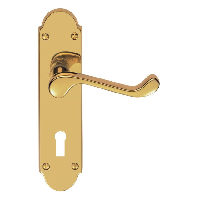 This is an image of a Carlisle Brass - Victorian Scroll Lever On Shaped Backplate - Lock 57Mm C/C (Con  that is availble to order from Trade Door Handles in Kendal.