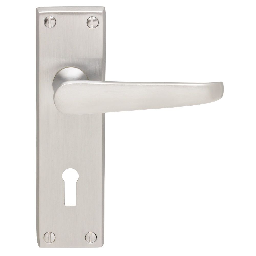 This is an image of a Carlisle Brass - Victorian Lever on Lock Backplate - Satin Chrome that is availble to order from Trade Door Handles in Kendal.