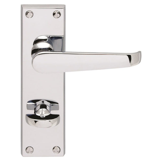 This is an image of a Carlisle Brass - Victorian Lever on WC Bathroom Backplate - Polished Chrome that is availble to order from Trade Door Handles in Kendal.