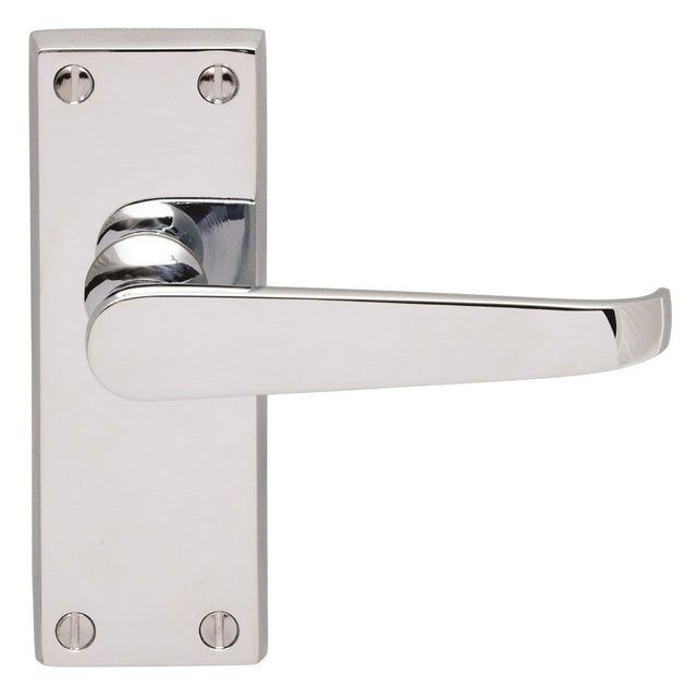 This is an image of a Carlisle Brass - Victorian Lever on Latch Backplate - Polished Chrome that is availble to order from Trade Door Handles in Kendal.