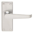 This is an image of a Carlisle Brass - Victorian Lever on Latch Backplate - Satin Chrome that is availble to order from Trade Door Handles in Kendal.