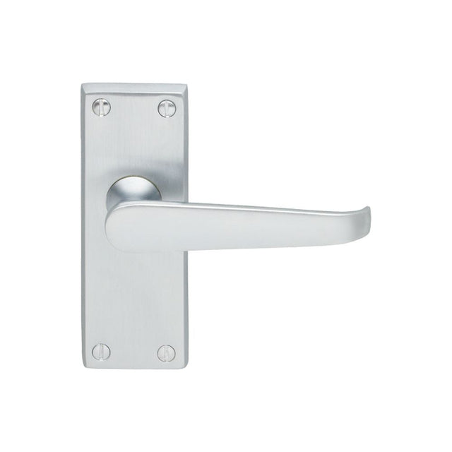 This is an image of a Carlisle Brass - Contract Victorian Lever on Latch Backplate - Satin Chrome that is availble to order from Trade Door Handles in Kendal.