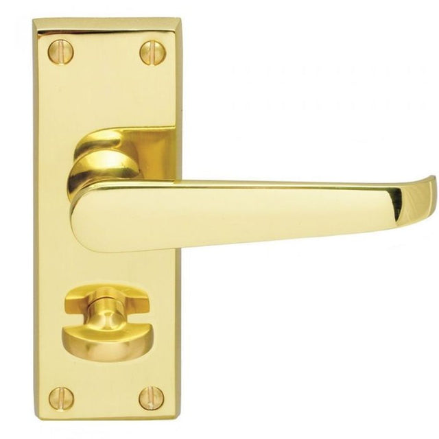 This is an image of a Carlisle Brass - Contract Victorian Lever on Privacy Backplate - Polished Brass that is availble to order from Trade Door Handles in Kendal.