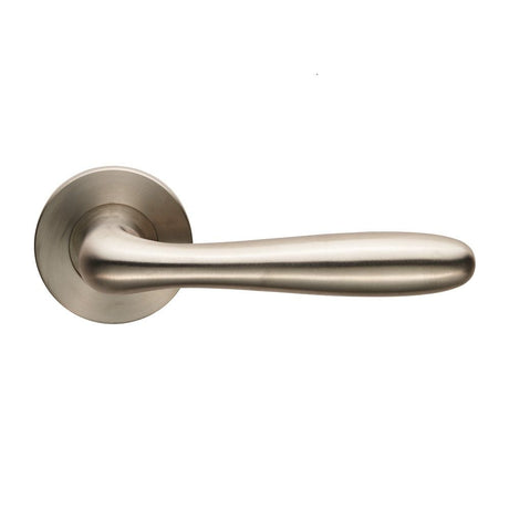 This is an image of a Eurospec - Peninsula Lever on 6mm Slim Fit Sprung Rose - Satin Stainless Steel that is availble to order from Trade Door Handles in Kendal.