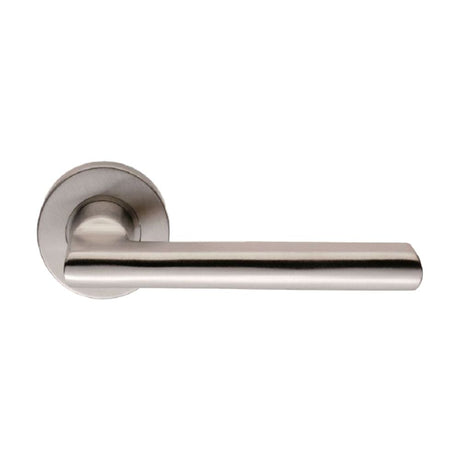 This is an image of a Eurospec - Carlton Lever on Sprung Rose - Satin Stainless Steel that is availble to order from Trade Door Handles in Kendal.