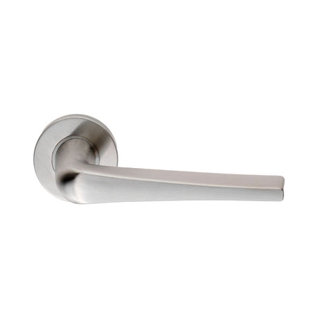 This is an image of a Eurospec - Plaza Lever on Sprung Rose - Satin Stainless Steel that is availble to order from Trade Door Handles in Kendal.