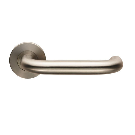 This is an image of a Eurospec - Nera Lever on 6mm Slim Fit Sprung Rose - Satin Stainless Steel that is availble to order from Trade Door Handles in Kendal.