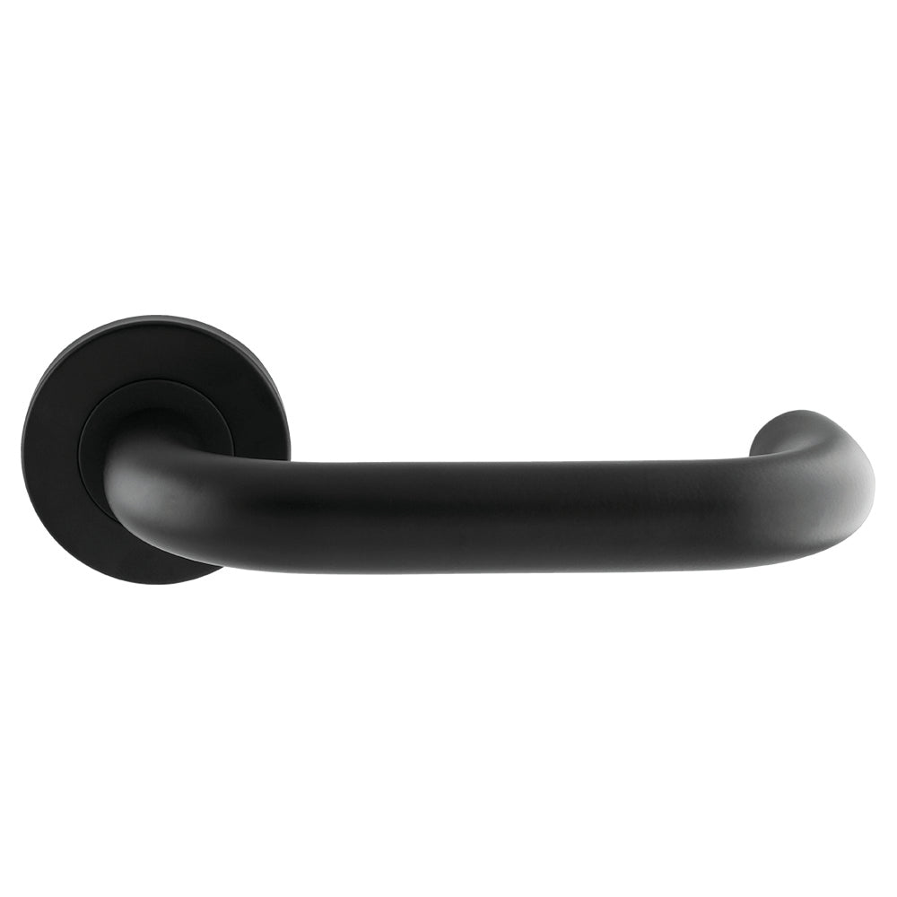 This is an image of a Eurospec - Nera Safety Lever on Sprung Rose - Matt Black csl1190mb that is availble to order from Trade Door Handles in Kendal.