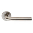 This is an image of a Eurospec - Straight Lever on Sprung Rose - Satin Stainless Steel that is availble to order from Trade Door Handles in Kendal.