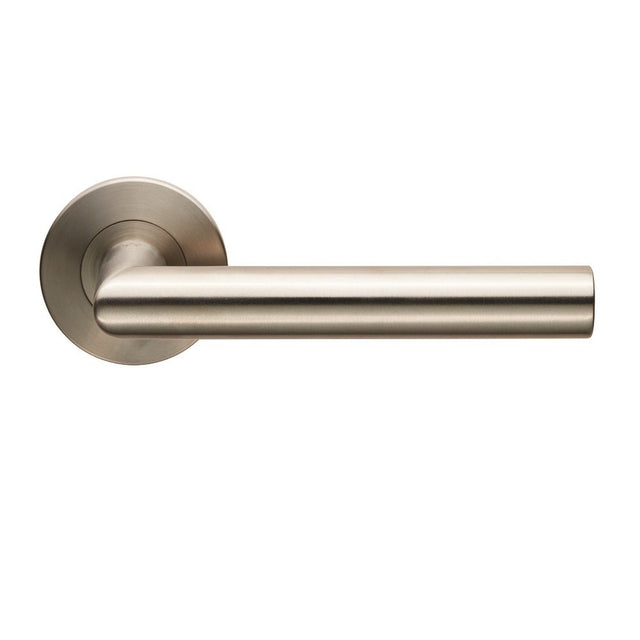 This is an image of a Eurospec - Treviri Lever on 6mm Slim Fit Sprung Rose - Satin Stainless Steel that is availble to order from Trade Door Handles in Kendal.