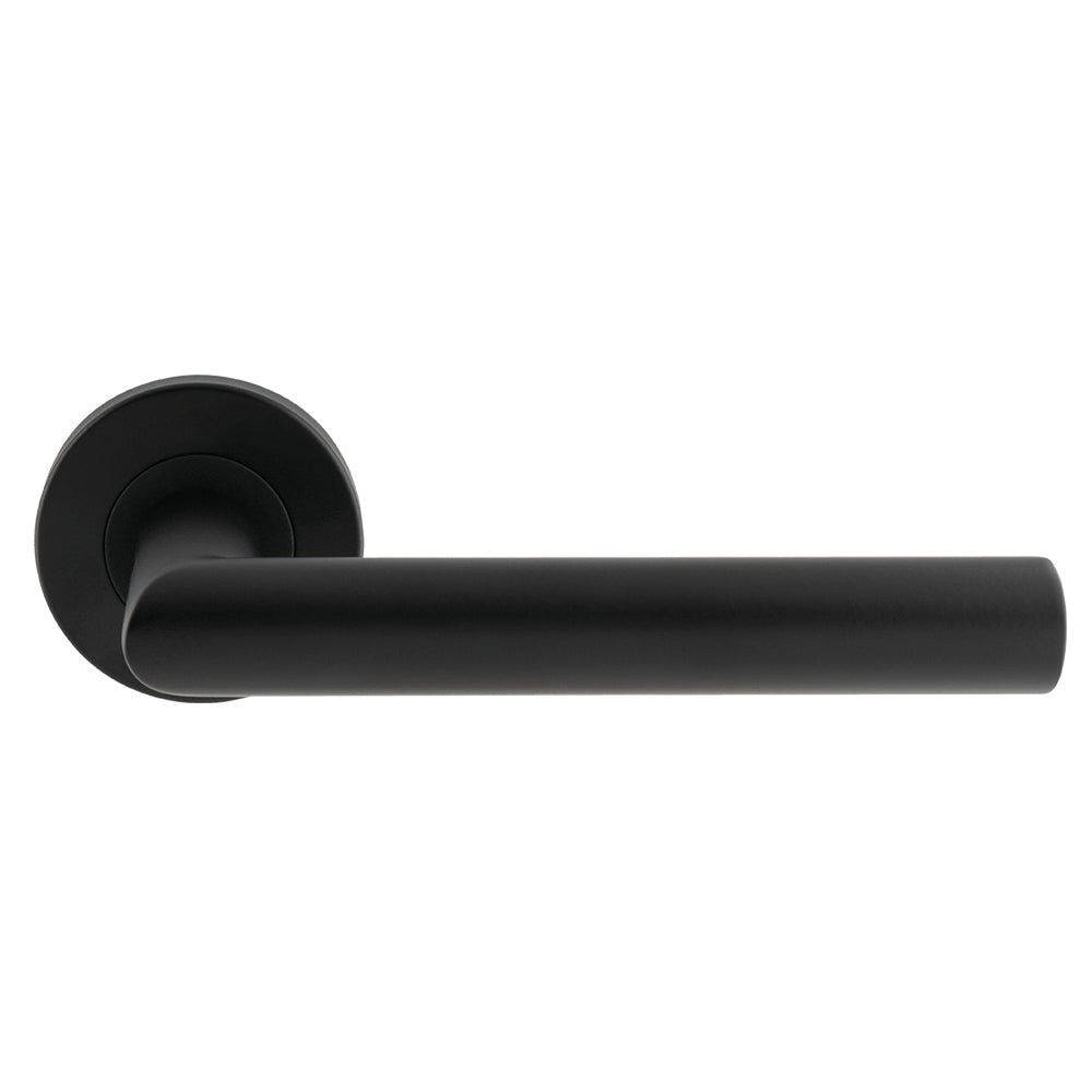 This is an image of a Eurospec - Mitred Round Bar Lever on Sprung Rose - Matt Black csl1192mb that is availble to order from Trade Door Handles in Kendal.