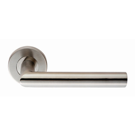 This is an image of a Eurospec - Mitred Round Bar Lever on Sprung Rose - Satin Stainless Steel that is availble to order from Trade Door Handles in Kendal.