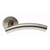 This is an image of a Eurospec - Curved Lever on Sprung Rose - Satin Stainless Steel that is availble to order from Trade Door Handles in Kendal.